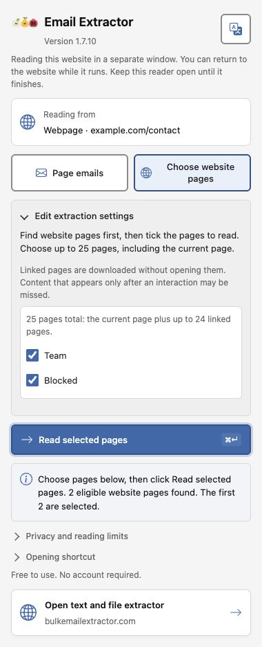 Choose website pages tab showing checked Team and Blocked page choices and Read selected pages.