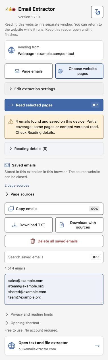 Four sample emails saved on this device with a partial coverage warning, reading details, search, copy, download and delete actions.